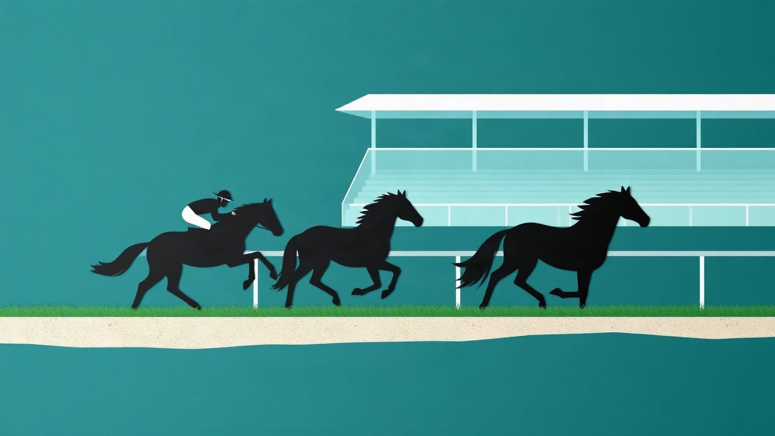 Horses in cut-paper silhouette galloping past a long grandstand